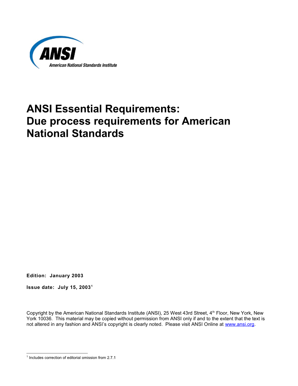 ANSI Essential Requirements: Due Process Requirements for American National Standards (2003