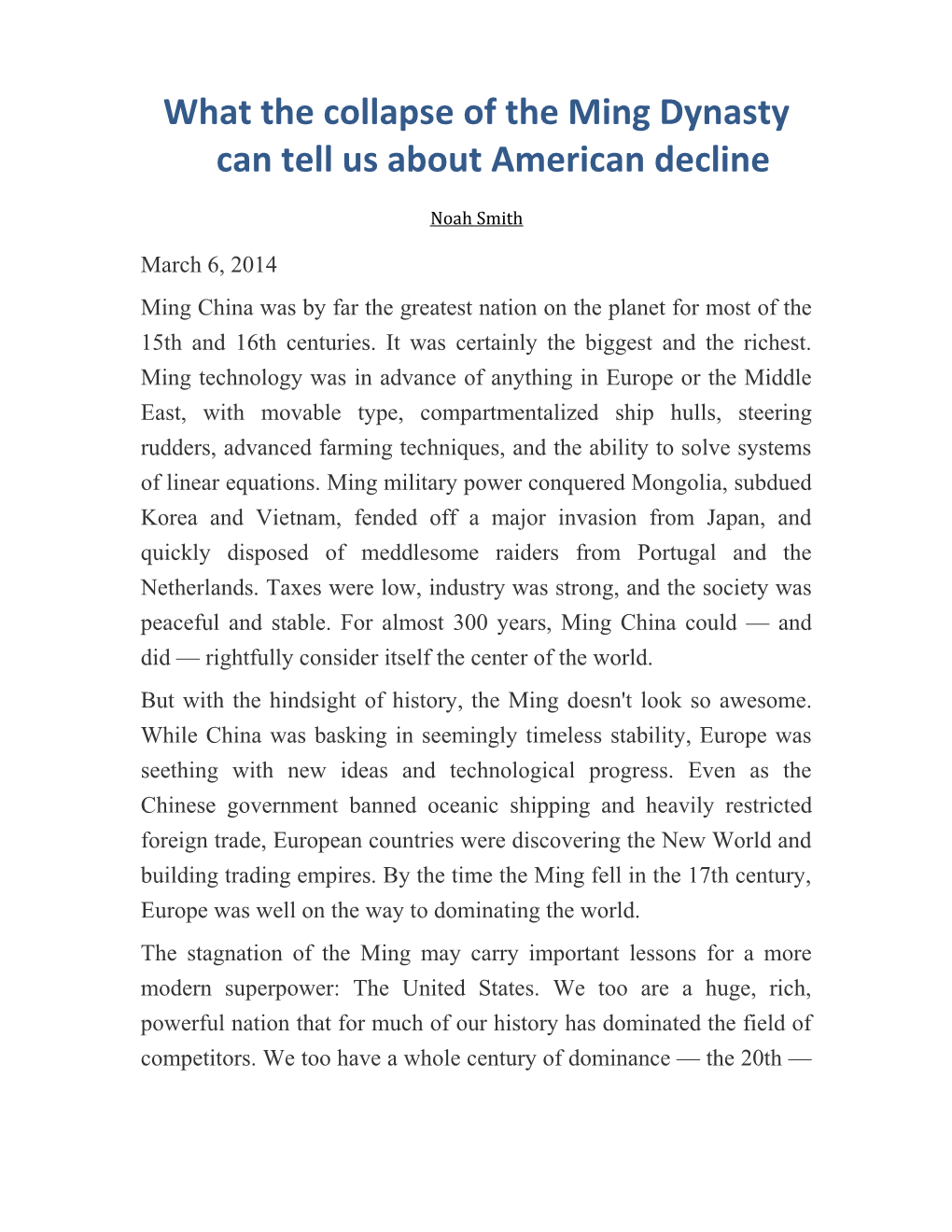 What the Collapse of the Ming Dynasty Can Tell Us About American Decline