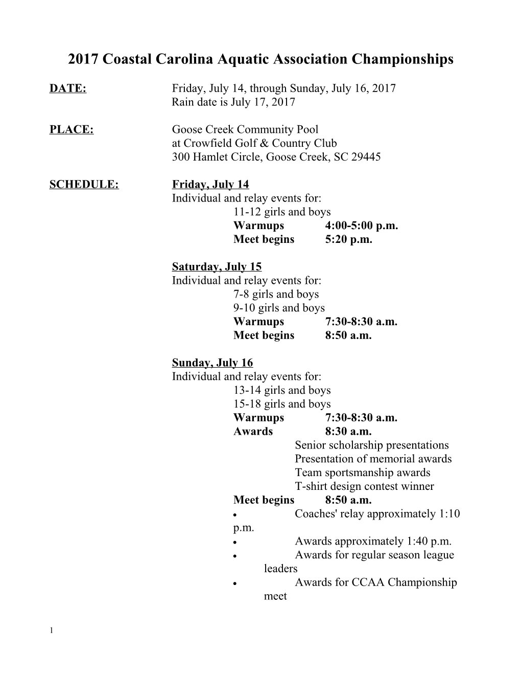 1999 Coastal Carolina Aquatic Association Championships