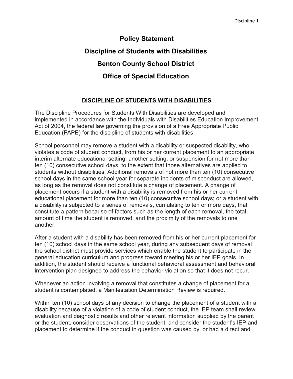 Discipline of Students with Disabilities