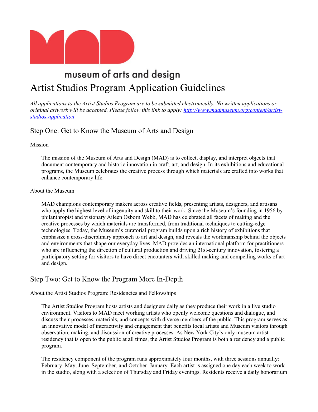 Artist Studios Program Application Guidelines