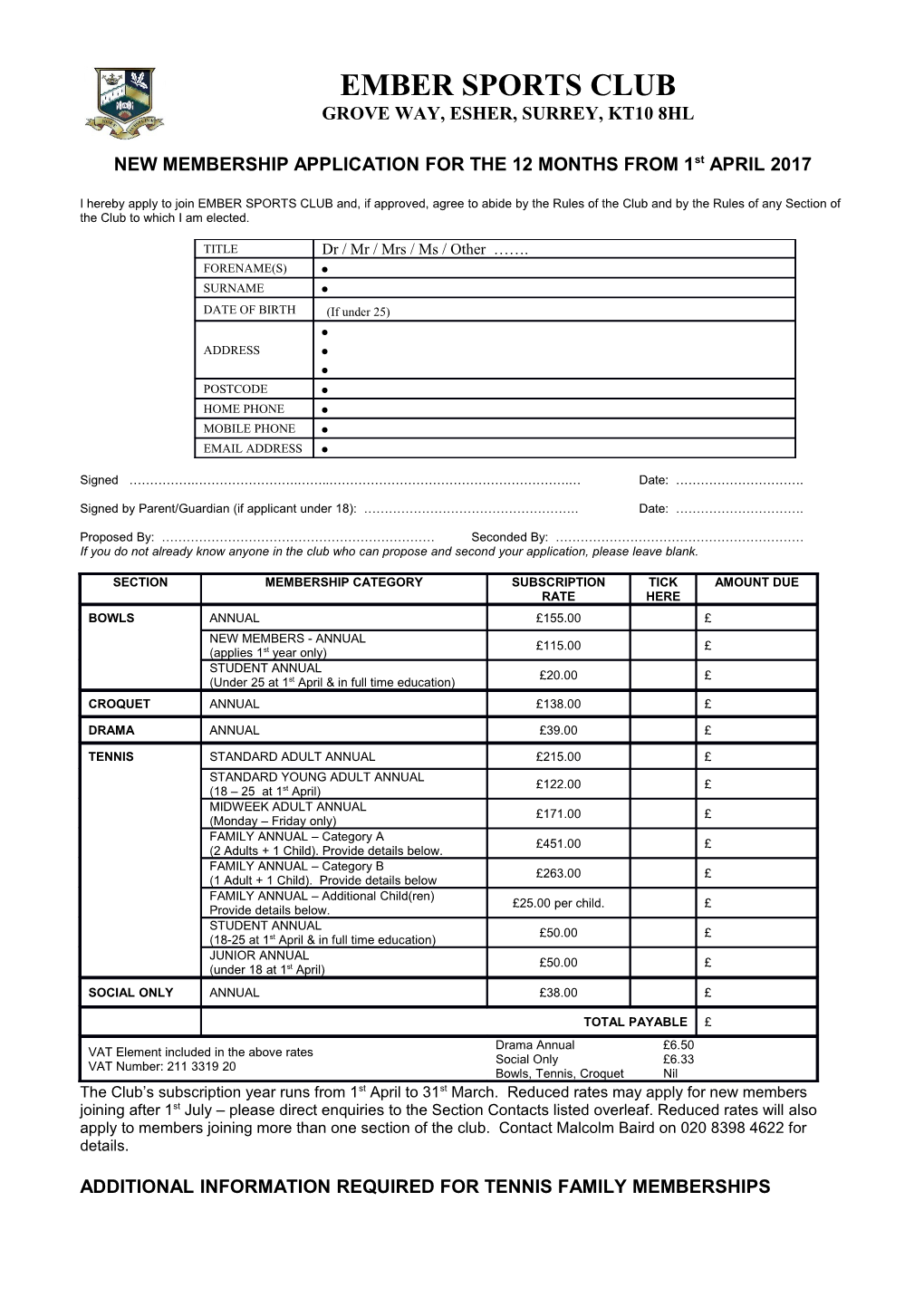NEW MEMBERSHIP APPLICATION for the 12 MONTHS from 1St APRIL 2017