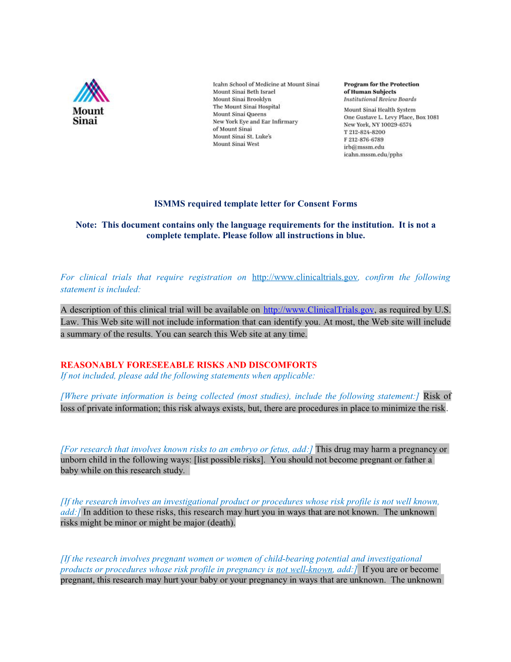 ISMMS Required Template Letter for Consent Forms