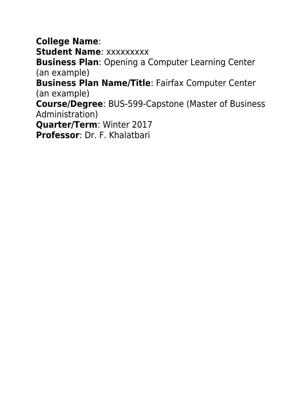 Business Plan: Opening a Computer Learning Center (An Example)