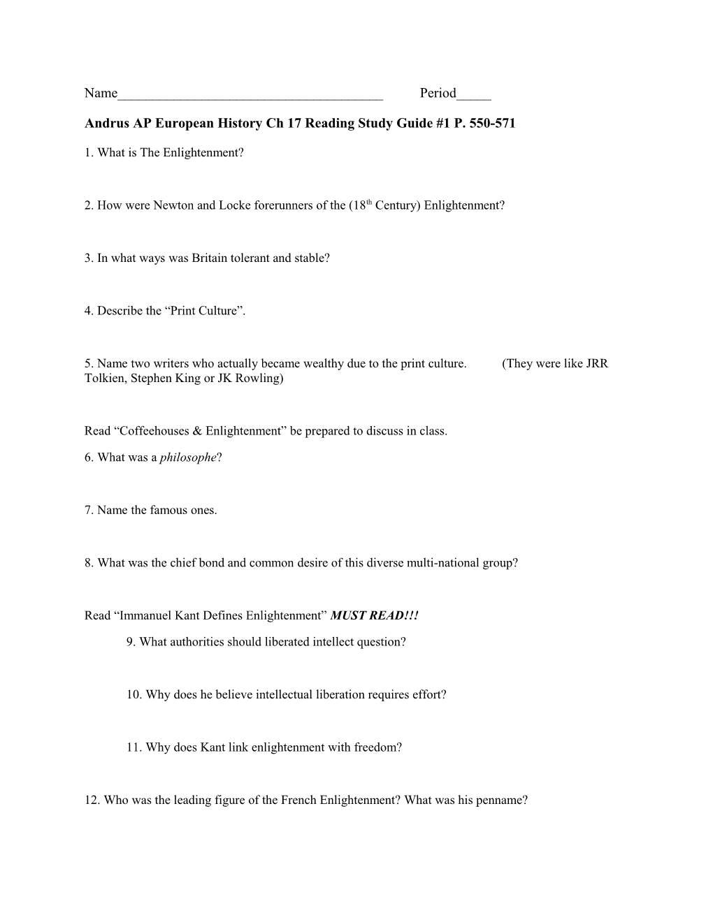 Andrus AP European History Ch 17 Reading Study Guide #1 P. 550-571