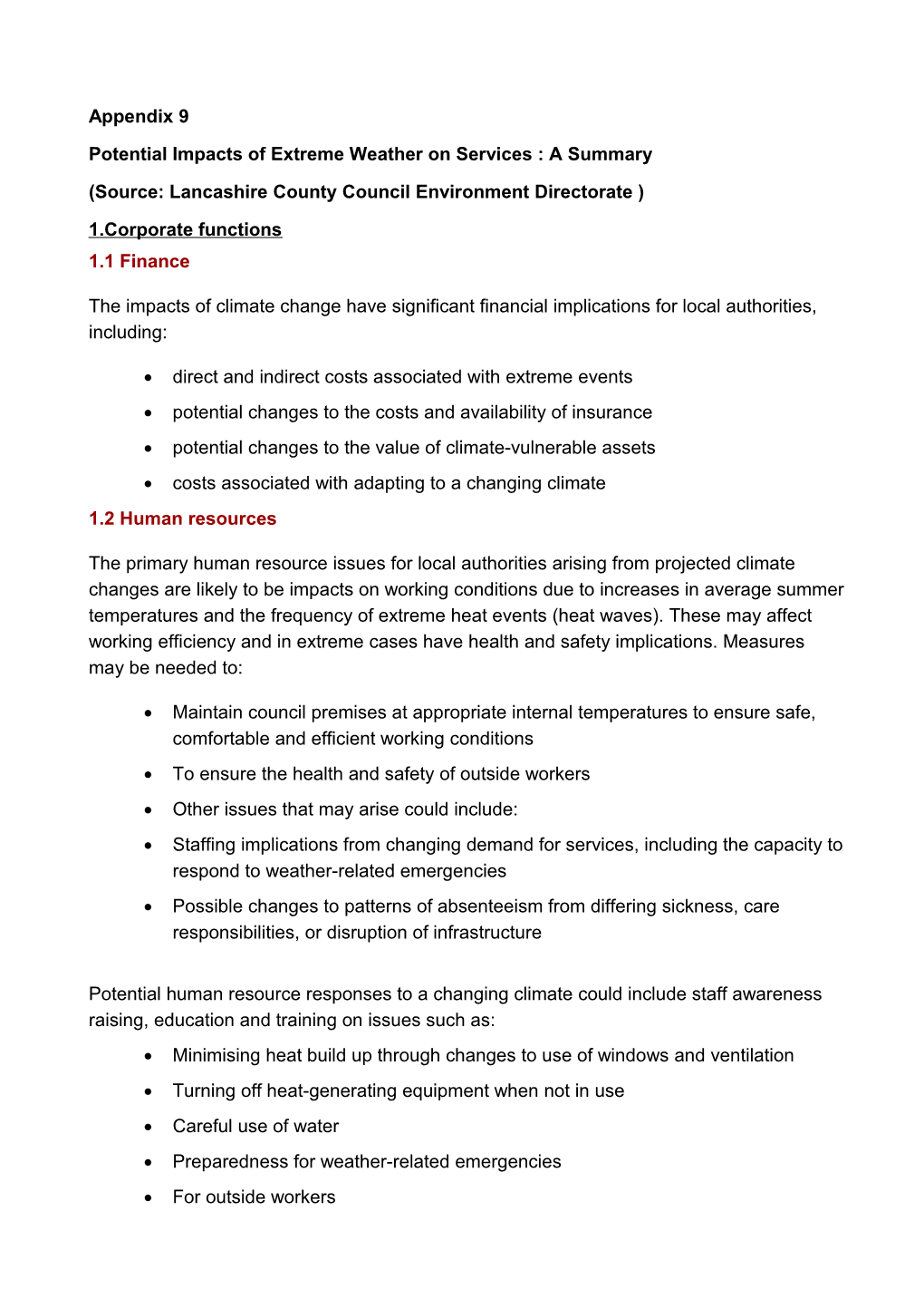 Potential Impacts of Extreme Weather on Services : a Summary