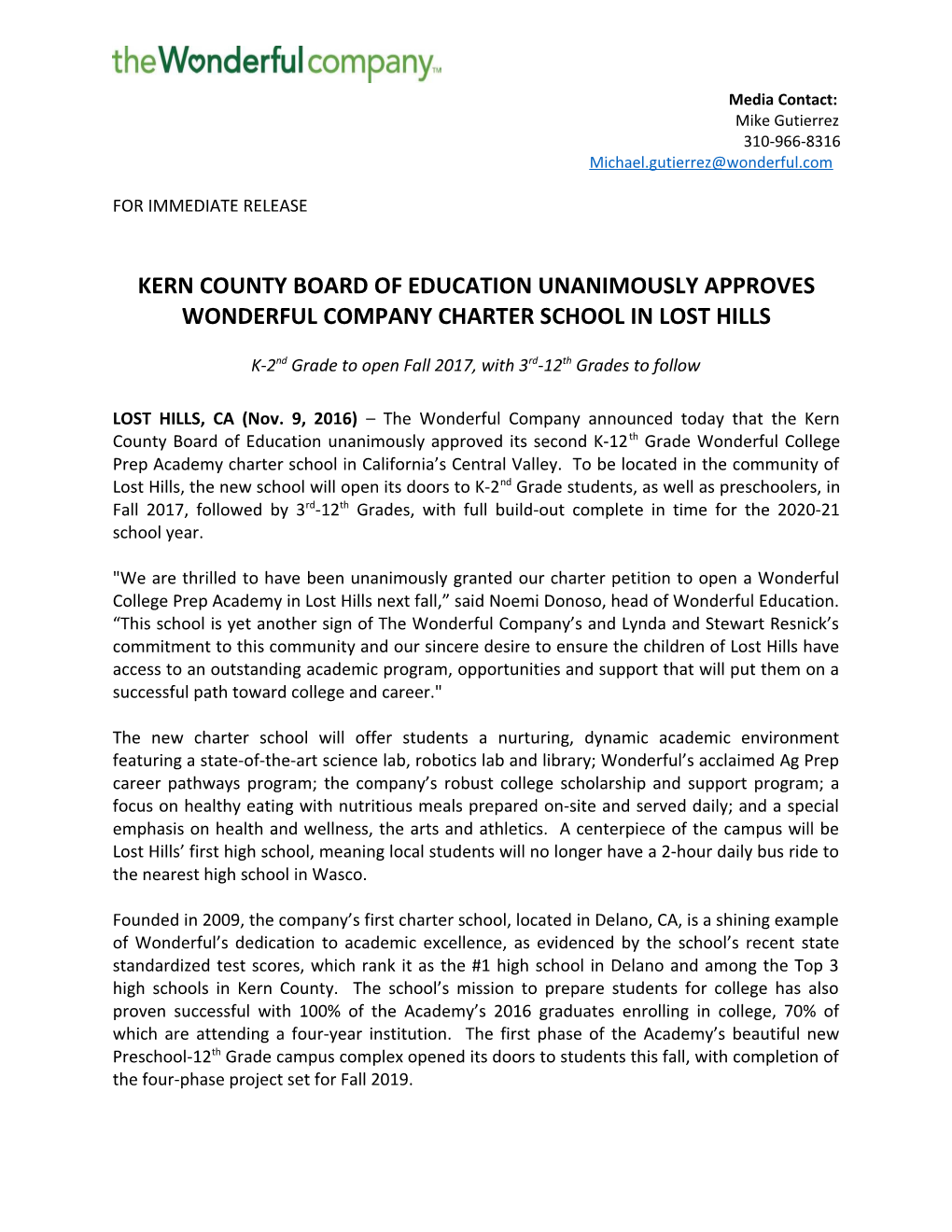 Kern County Board of Education Unanimously Approves Wonderful Company Charter School In