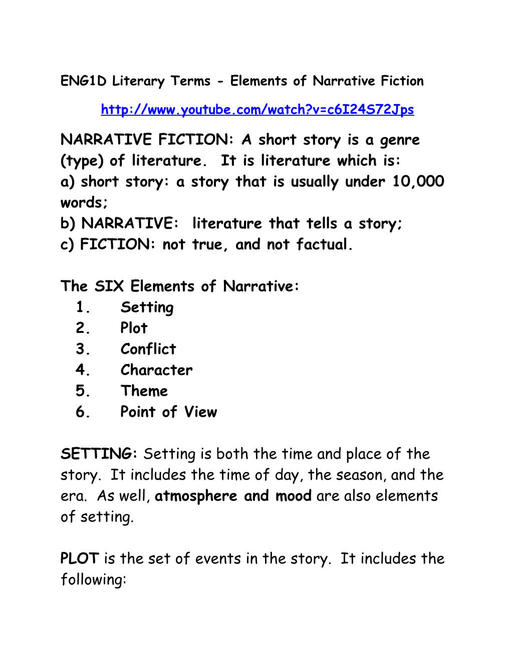 ENG1D Literary Terms - Elements of Narrative Fiction