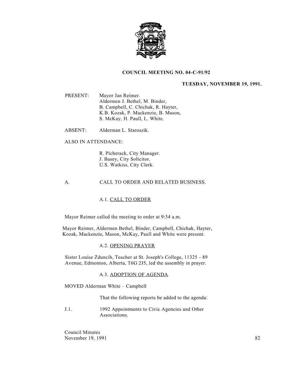 Minutes for City Council November 19, 1991 Meeting