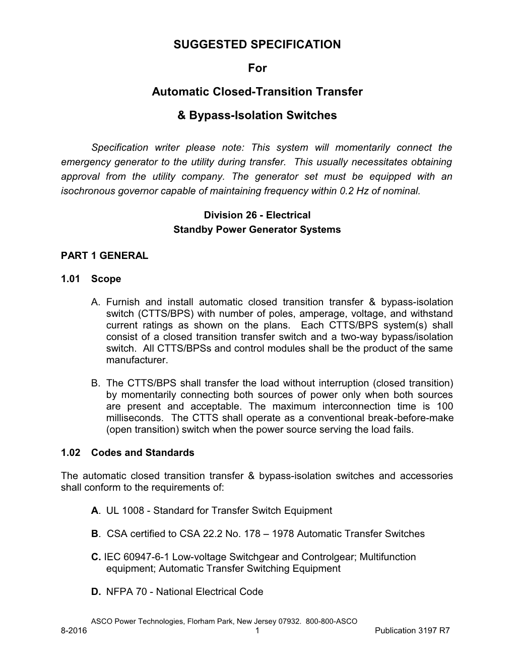 ASCO 7000 Series SUGGESTED SPECIFICATION for Automatic Closed-Transition Transfer &