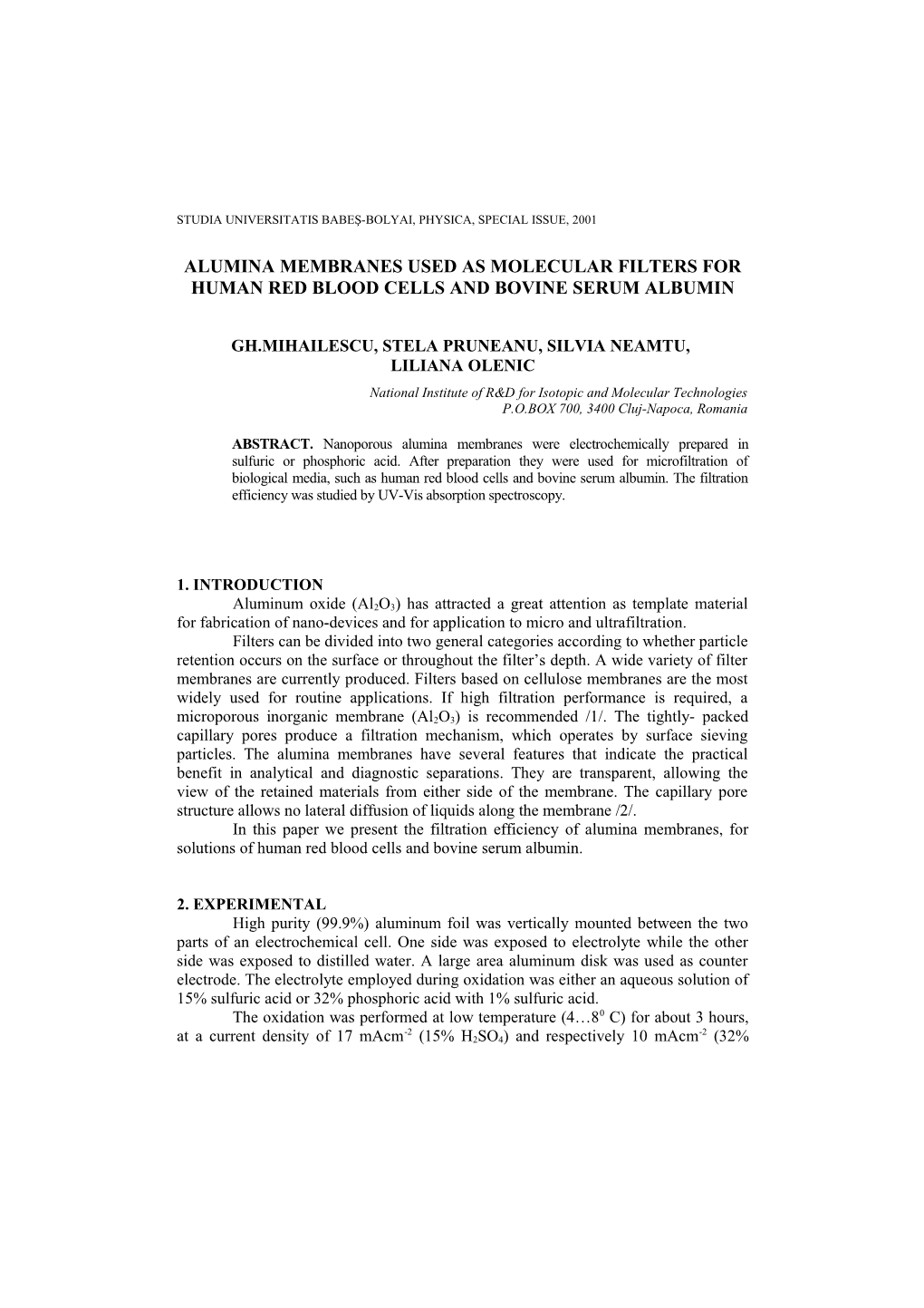 Alumina Membranes Used As Molecular Filters for Human Red Blood Cells and Bovine Serum Albumin