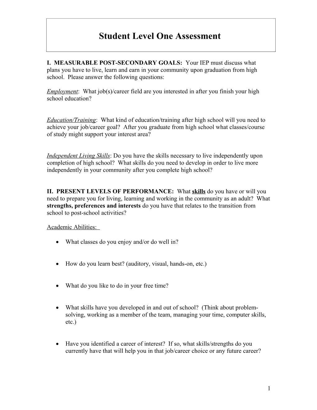 Level One Assessment Student Interest Inventory