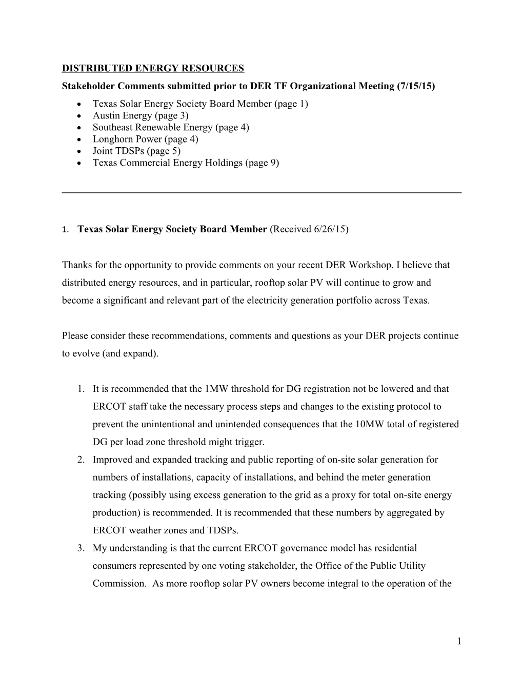 Stakeholder Comments Submitted Prior to DER TF Organizational Meeting (7/15/15)