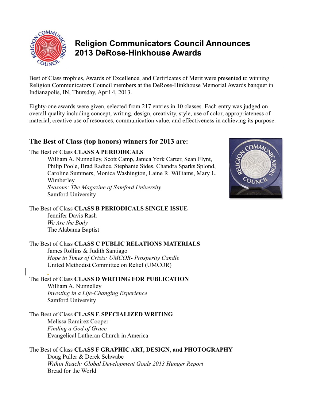 Religion Communicators Council Announces 2013 Derose-Hinkhouse Awards