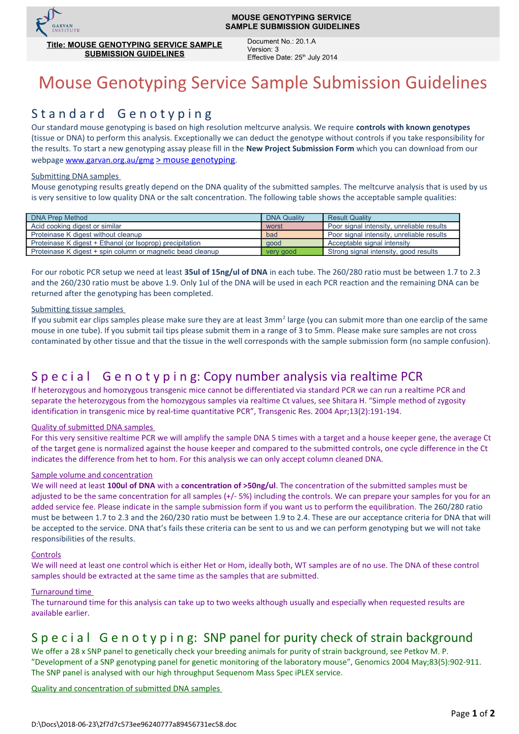 Mouse Genotyping Service Sample Submission Guidelines