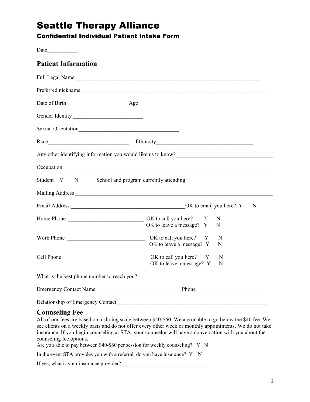 Confidential Individual Patient Intake Form