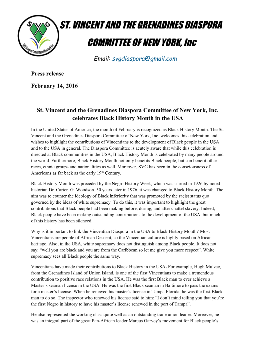 St. Vincent and the Grenadines Diaspora Committee of New York, Inc. Celebrates Black History