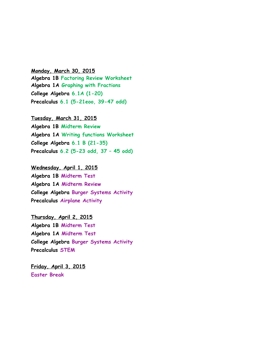 Algebra 1B Factoring Review Worksheet