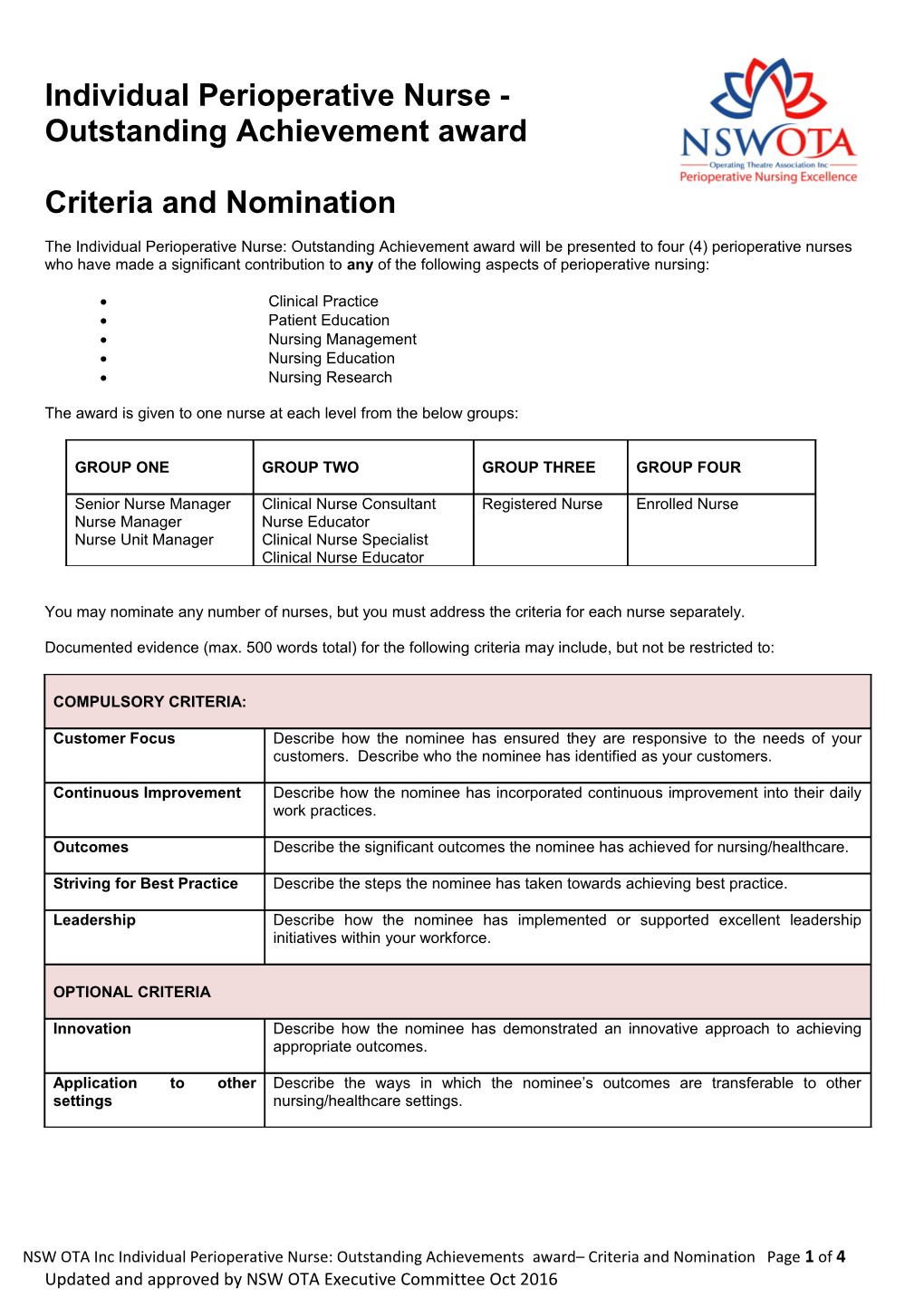 Criteria and Nomination