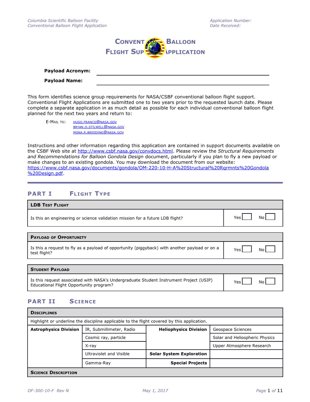 Columbia Scientific Balloon Facility Application Number