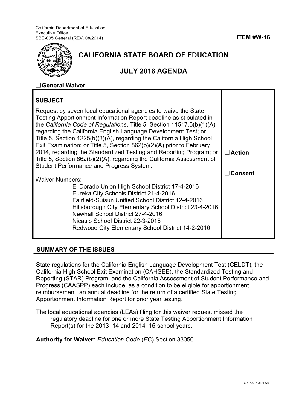 July 2016 Waiver Item W-16 - Meeting Agendas (CA State Board of Education)