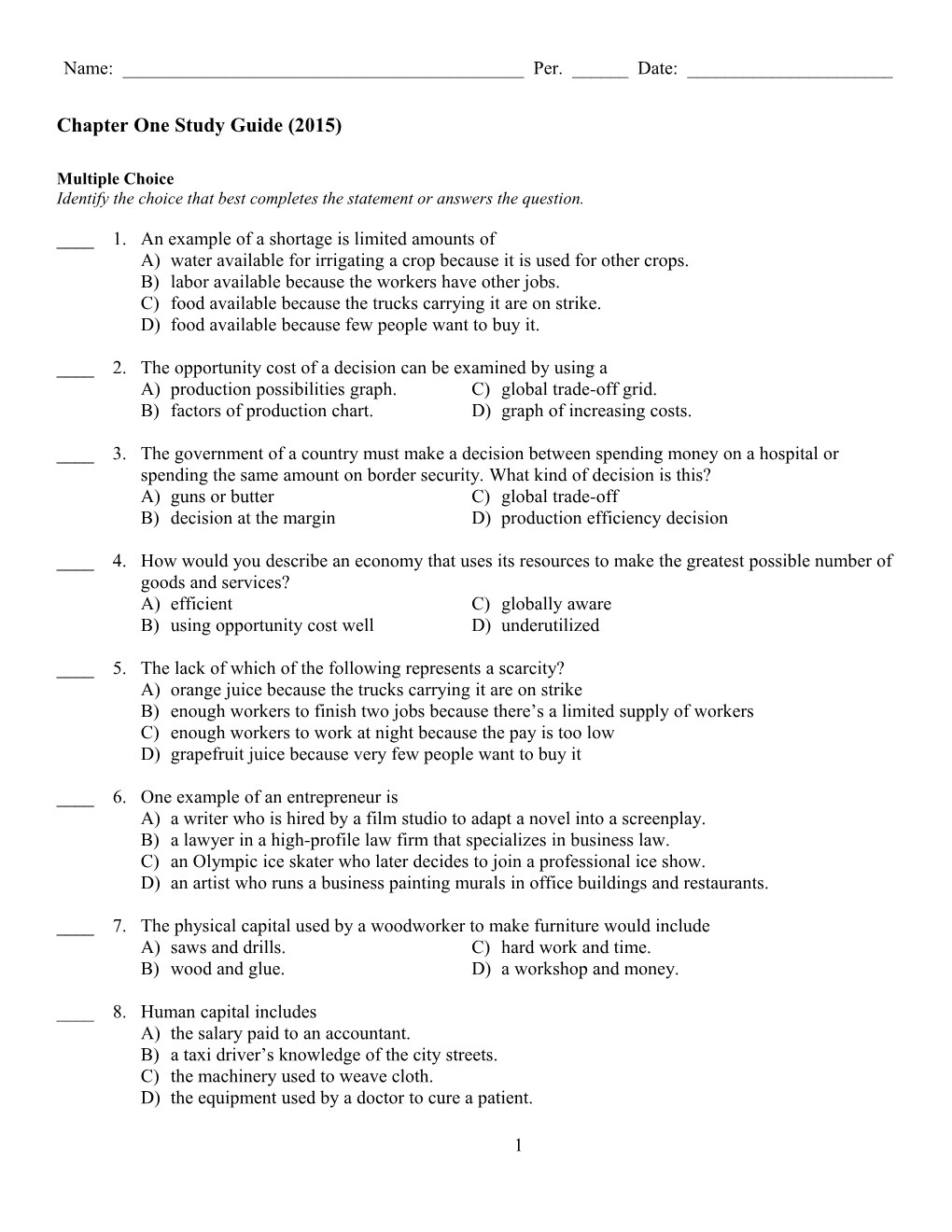 Chapter One Study Guide (2015)
