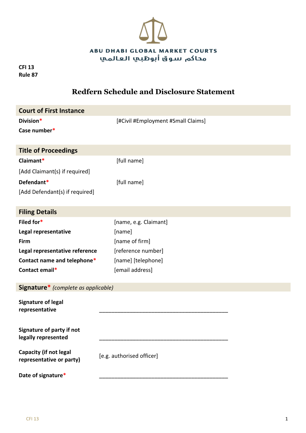 Redfern Schedule and Disclosure Statement