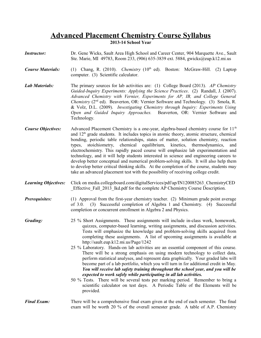 Upward Bound Chemistry Course Syllabus