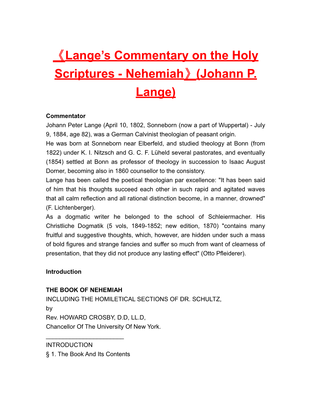 Lange S Commentary on the Holy Scriptures - Nehemiah (Johann P. Lange)