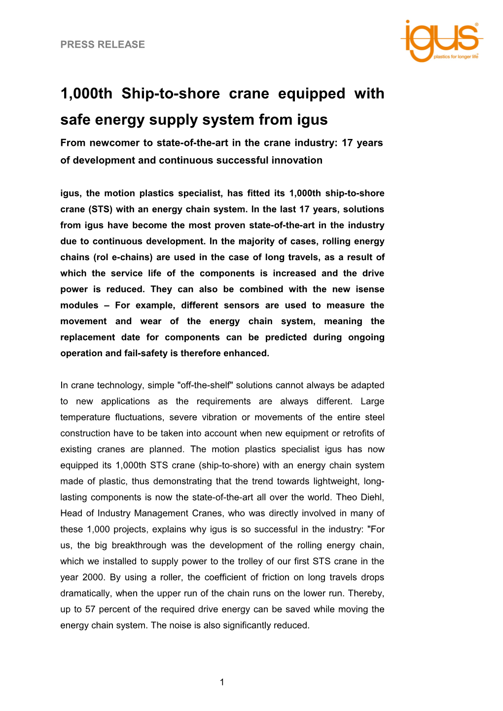 1,000Th Ship-To-Shore Crane Equipped with Safe Energy Supply System from Igus