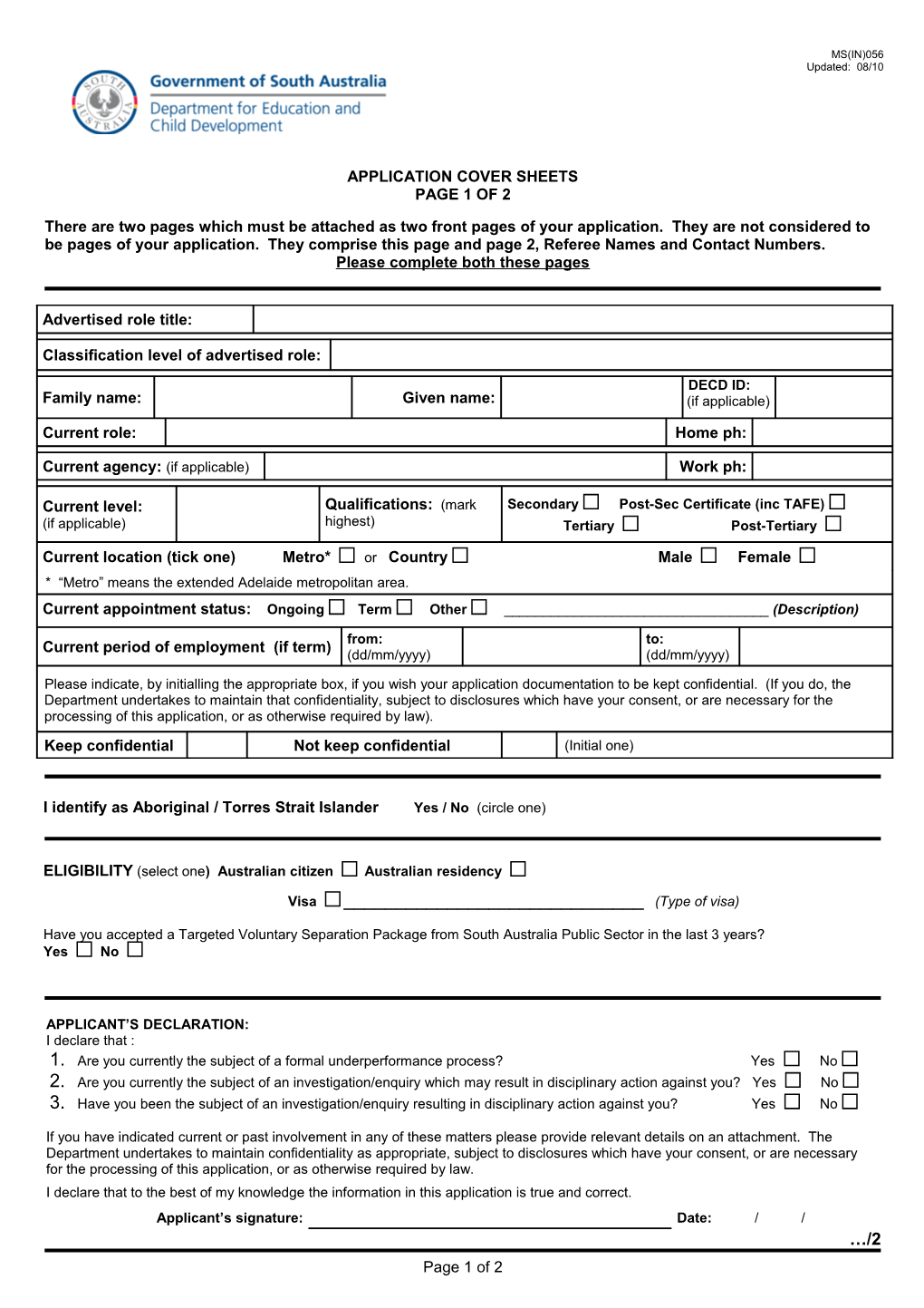 Application Cover Sheet Blank