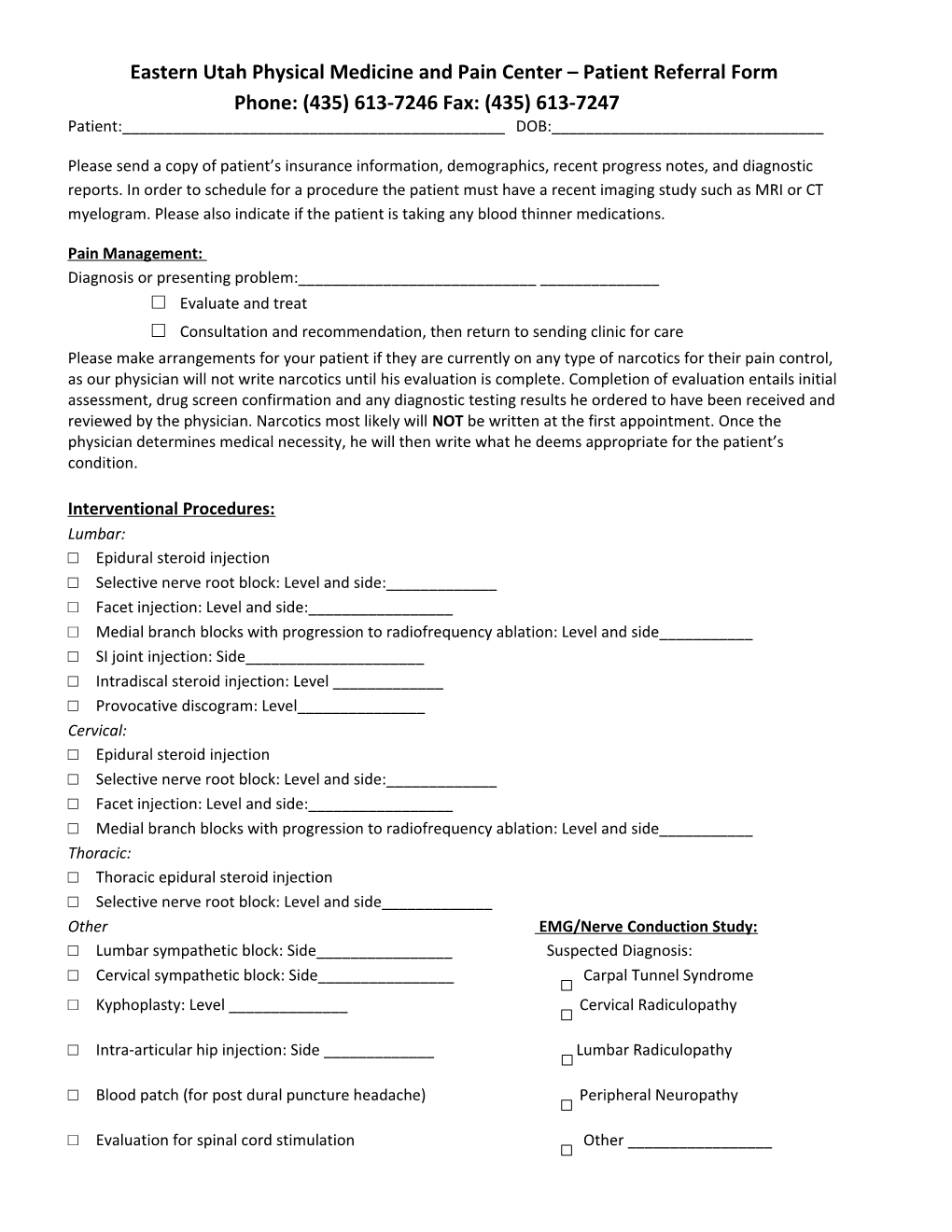 Eastern Utah Physical Medicine and Pain Center - Patient Referral Form