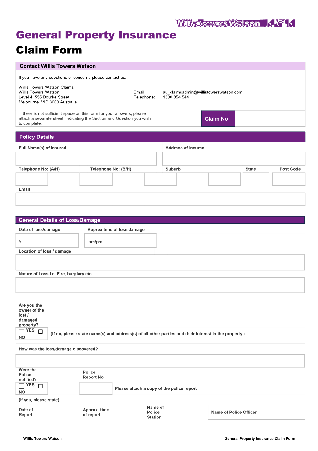 Willis Towers Watson General Property Insurance Claim Form