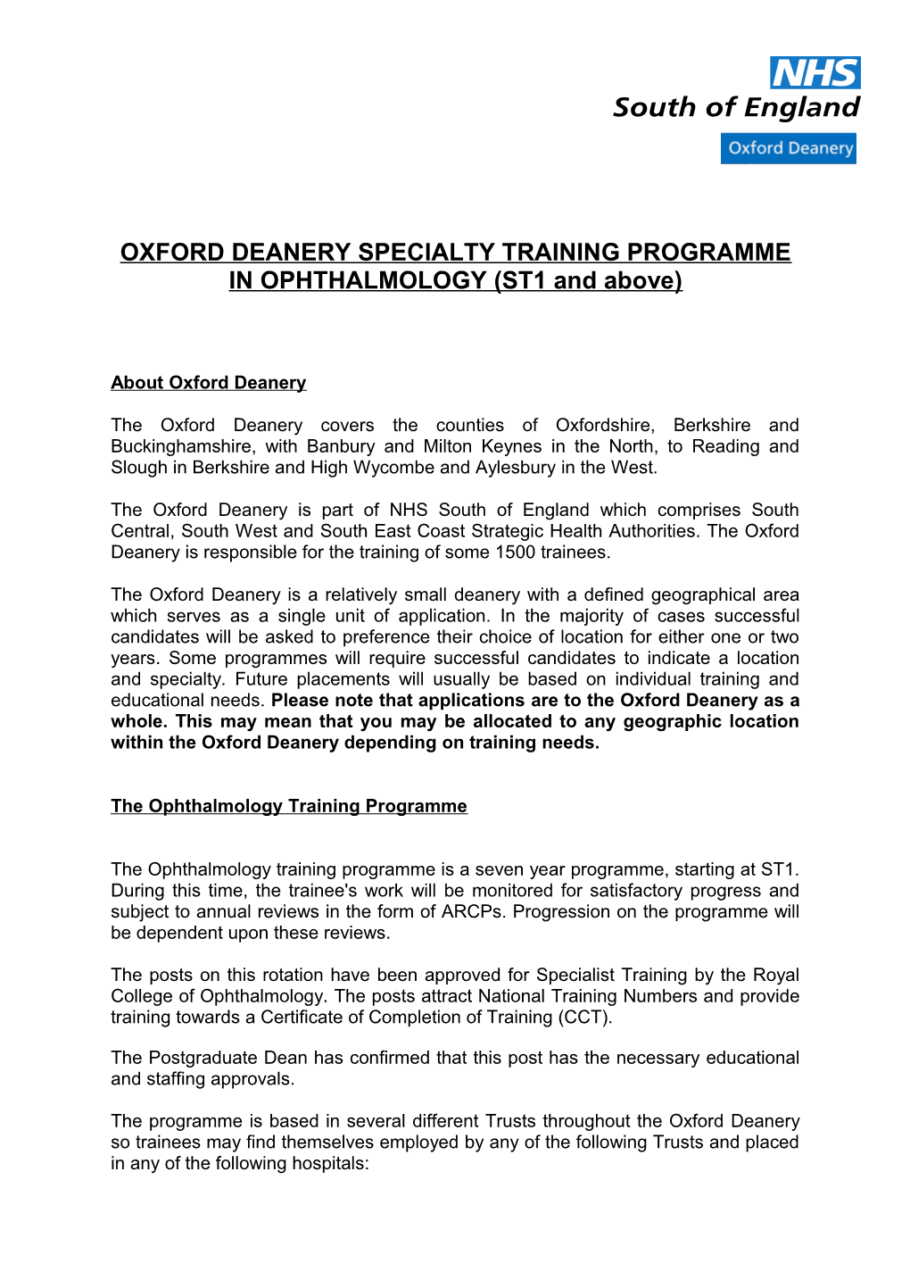 OXFORD DEANERY SPECIALTY TRAINING PROGRAMME in Ophthalmology