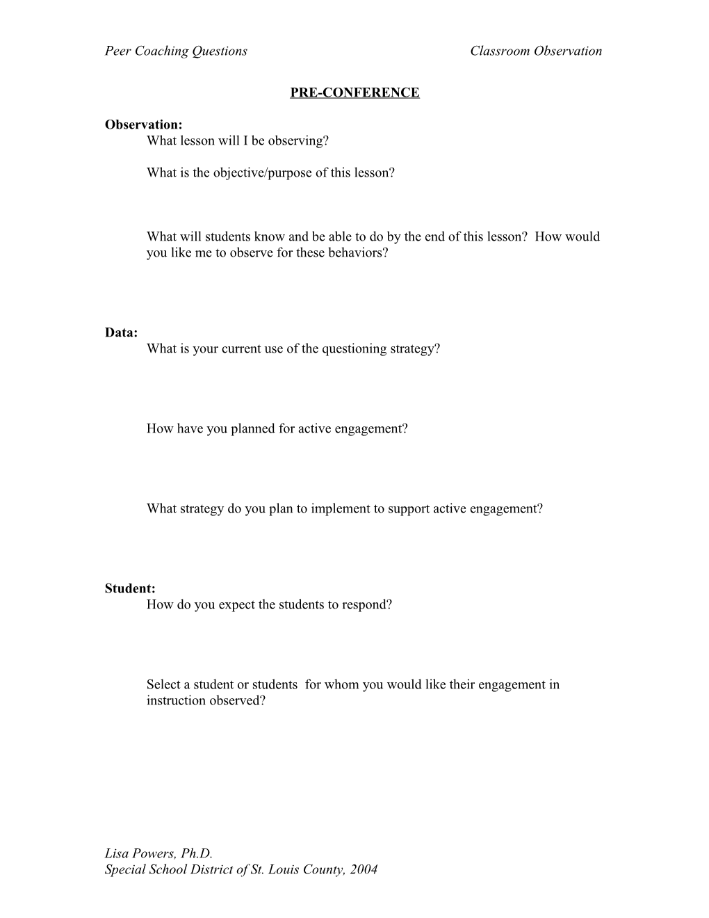 Peer Coaching Questions Classroom Observation