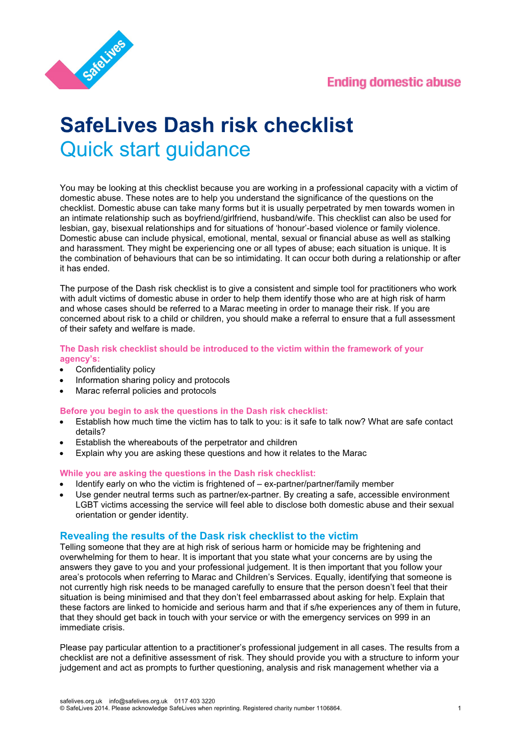 Safelives Dash Risk Checklist Quick Start Guidance