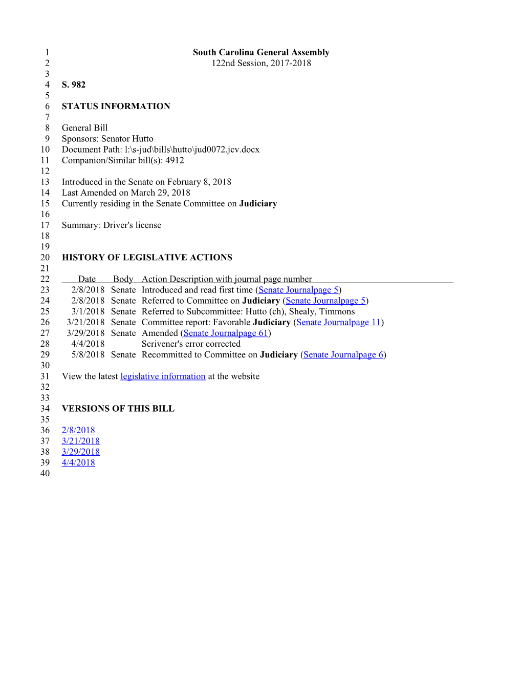 2017-2018 Bill 982: Driver's License - South Carolina Legislature Online