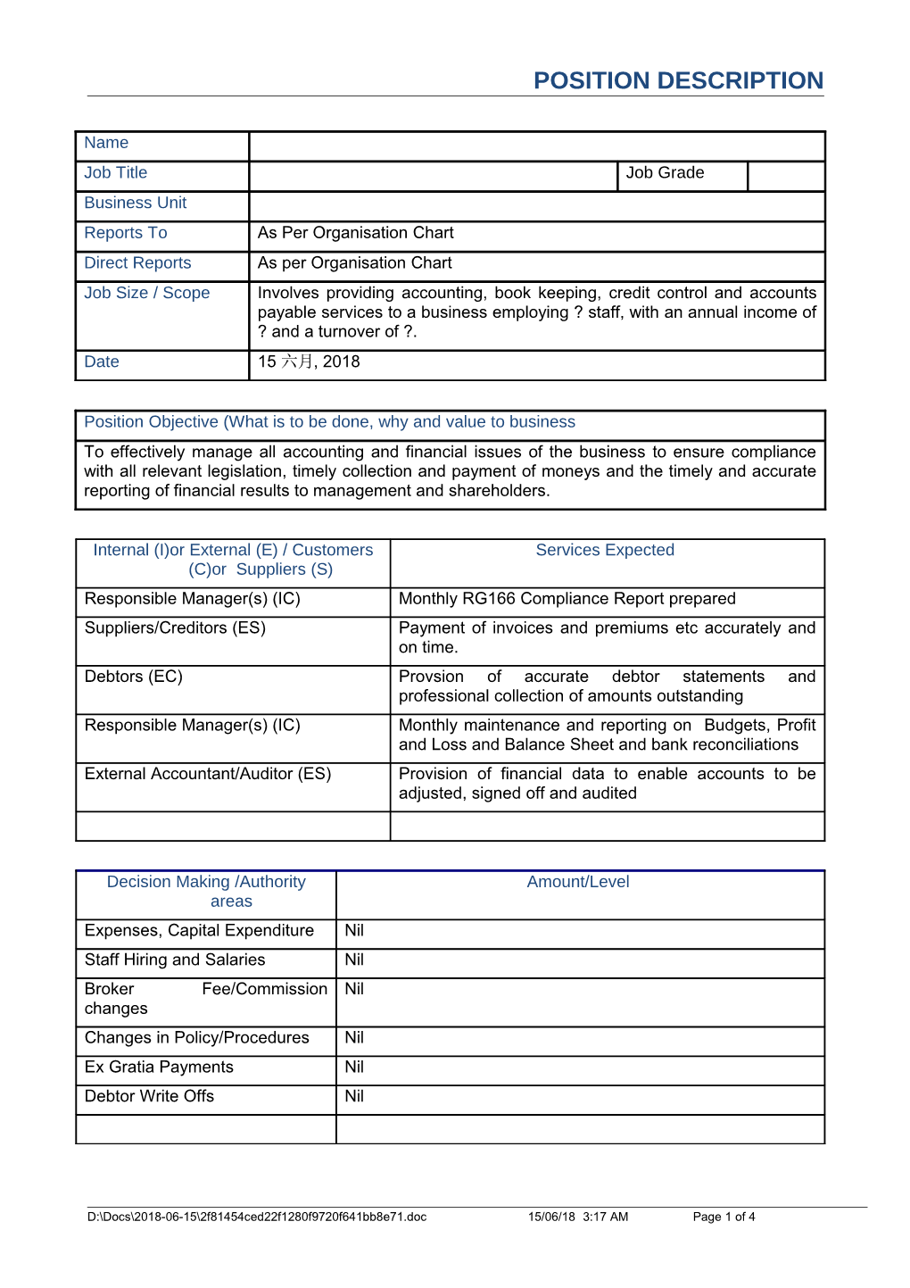 Financial Supplier Position Description