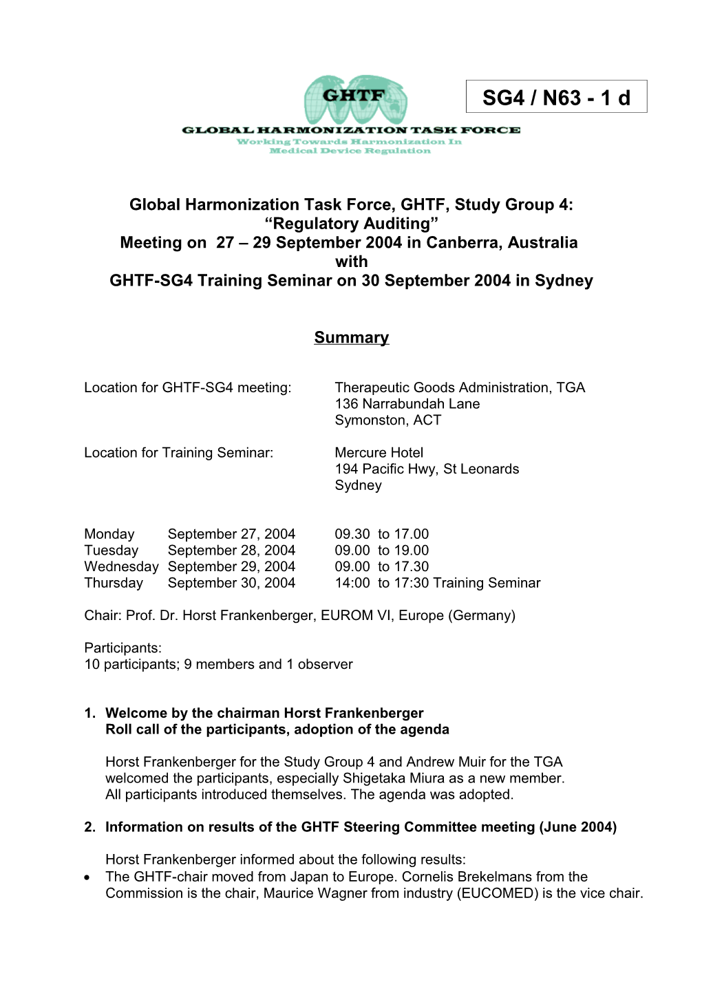 GHTF SG4 Regulatory Auditing Meeting Minutes September 2004