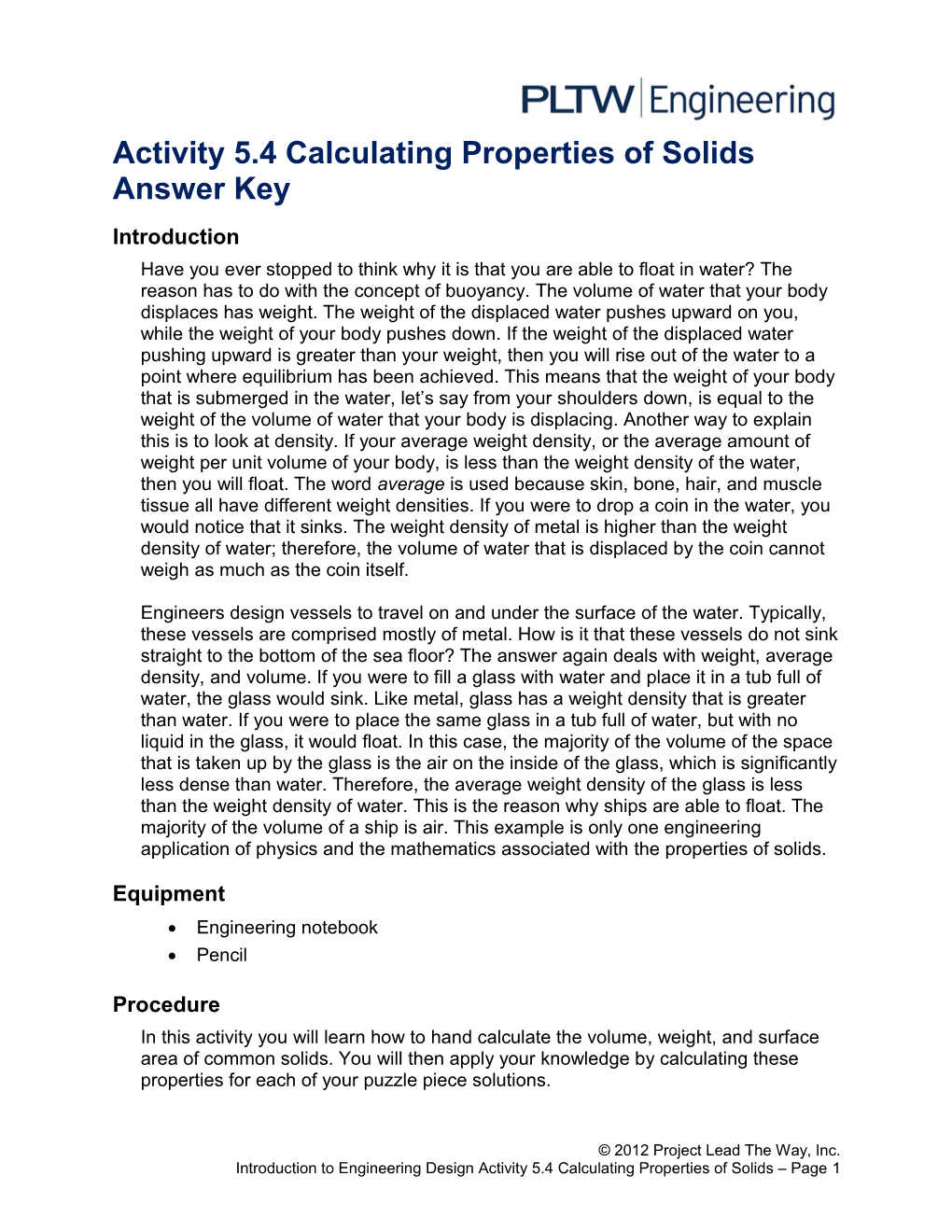 Activity 5.4 Calculating Properties of Solids Answer Key
