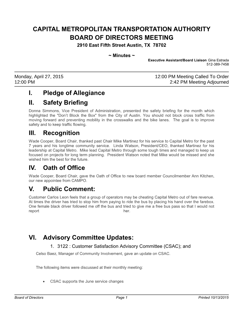 Board of Directors - Regular Meeting - Apr 27, 2015 12:00 PM