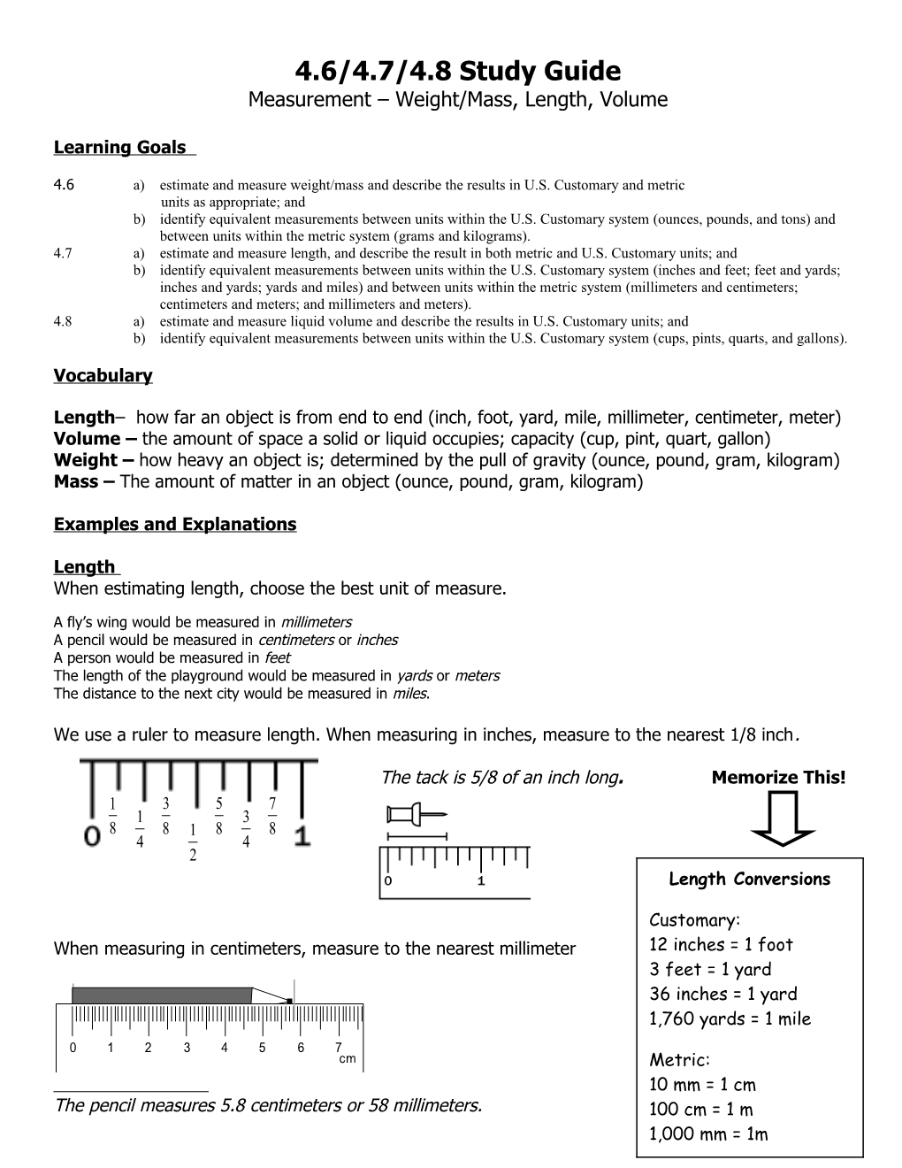 Measurement Weight/Mass, Length, Volume