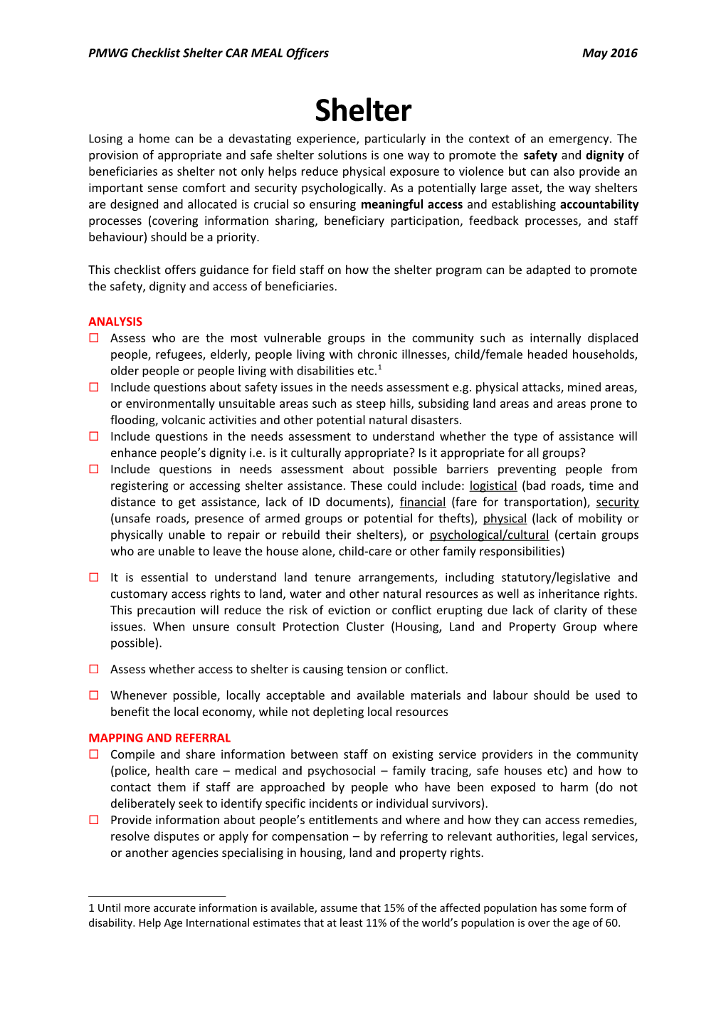 PMWG Checklist Shelter CAR MEAL Officers May 2016