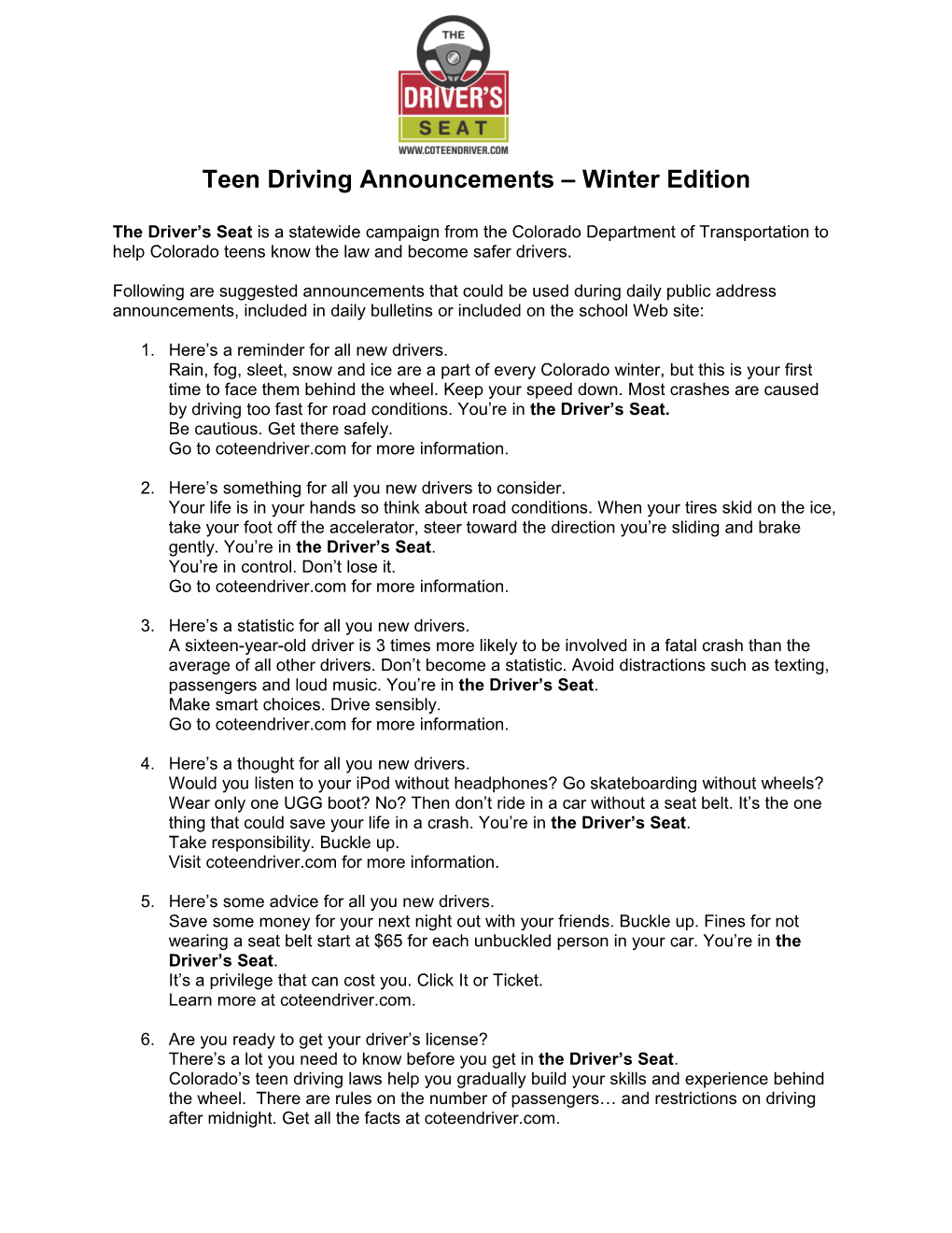 Teen Driving Announcements Winter Edition