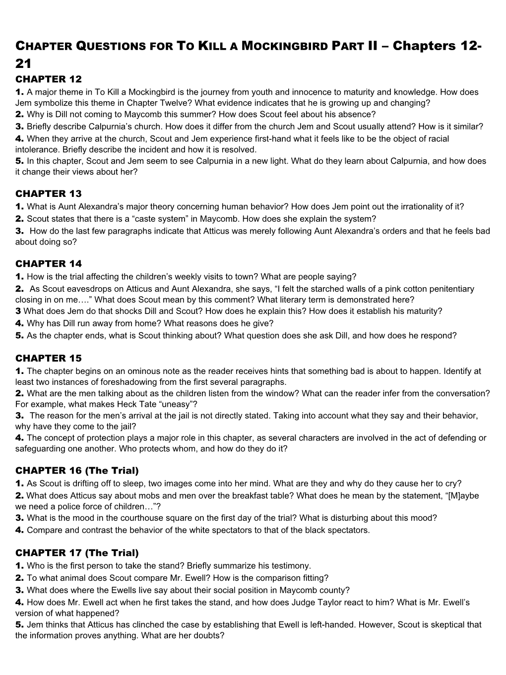CHAPTER QUESTIONS for to KILL a MOCKINGBIRD PART II Chapters 12-21