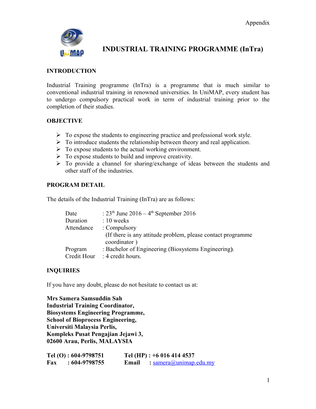 INDUSTRIAL TRAINING PROGRAMME (Intra)