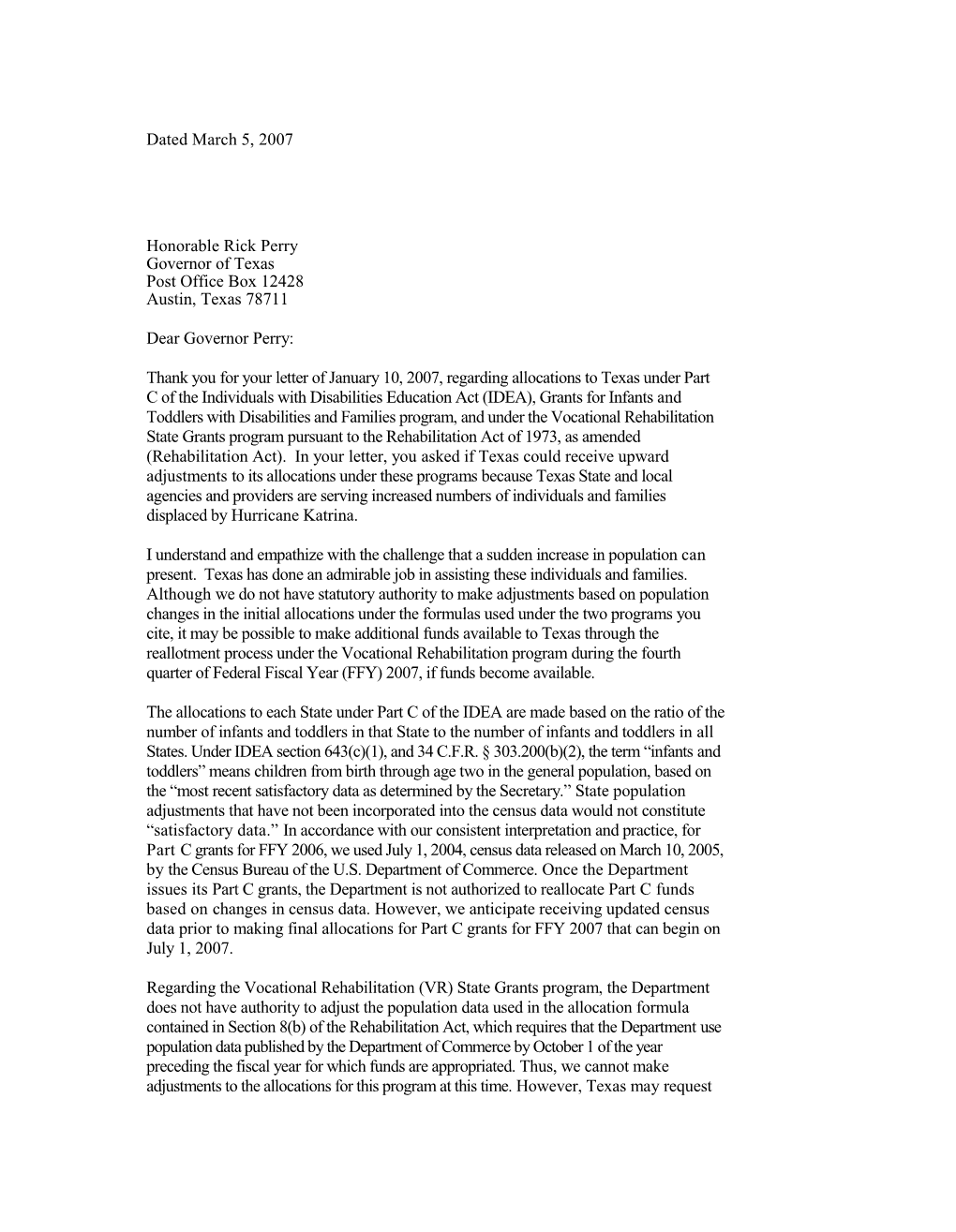 Letter Dated 3/5/07 to Perry Re: Interpreting IDEA Or the Regulations That Implement IDEA
