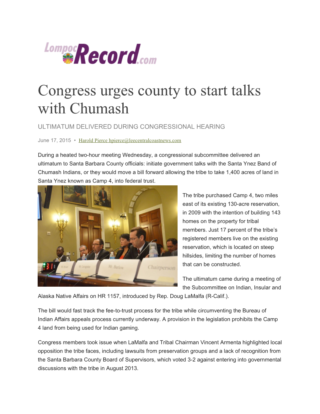 Congress Urges County to Start Talks with Chumash