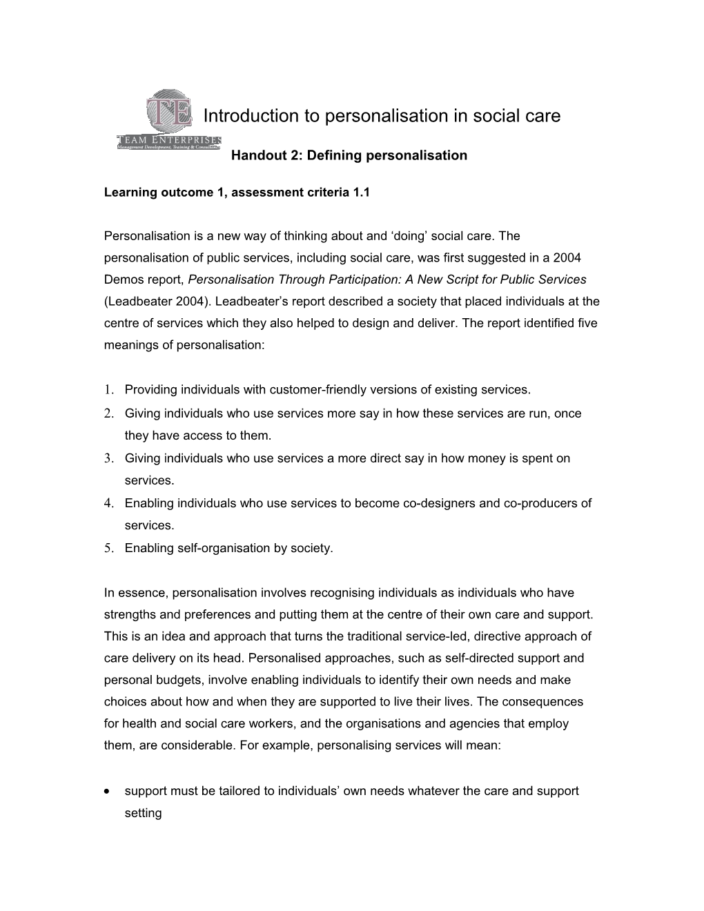 Introduction to Personalisation in Social Care