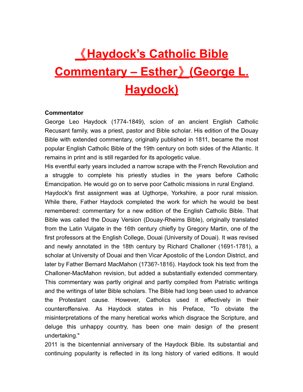 Haydock S Catholic Bible Commentary Esther (George L. Haydock)
